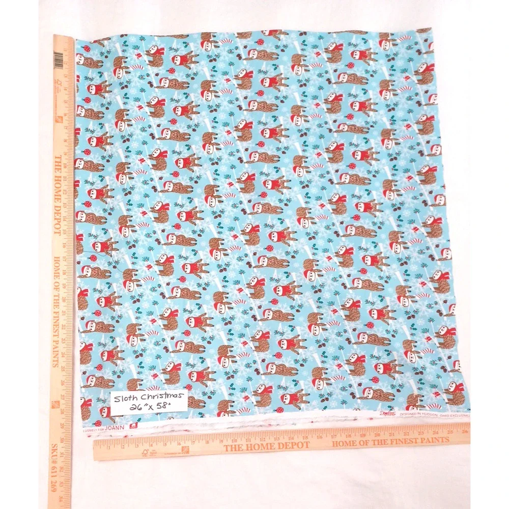 Jo-Ann Sloth Christmas Doodles Blue Red Knit Stretch Fabric 1 Pc 26x58